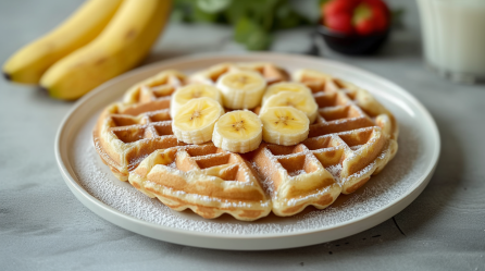 Eine Bananenwaffel ohne Zucker liegt auf einem Teller. Sie ist mit ein paar Bananenscheiben sowie etwas Puderzucker serviert. Im Hintergerund liegen weitere Bananen sowie einige Erdbeeren.
