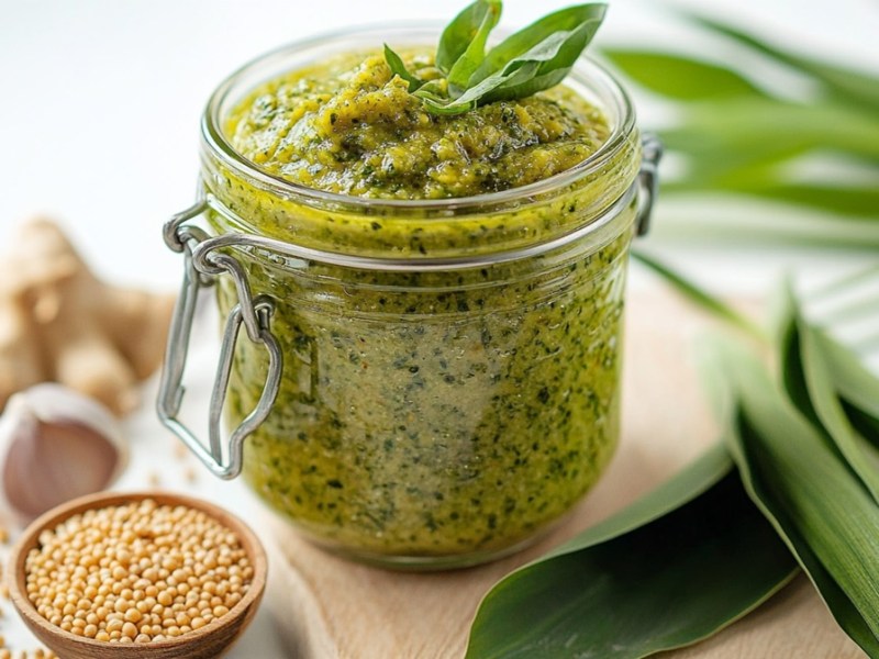 Ein Glas mit Bärlauch-Senf, Bärlauch und Senfkörnern auf dem Tisch