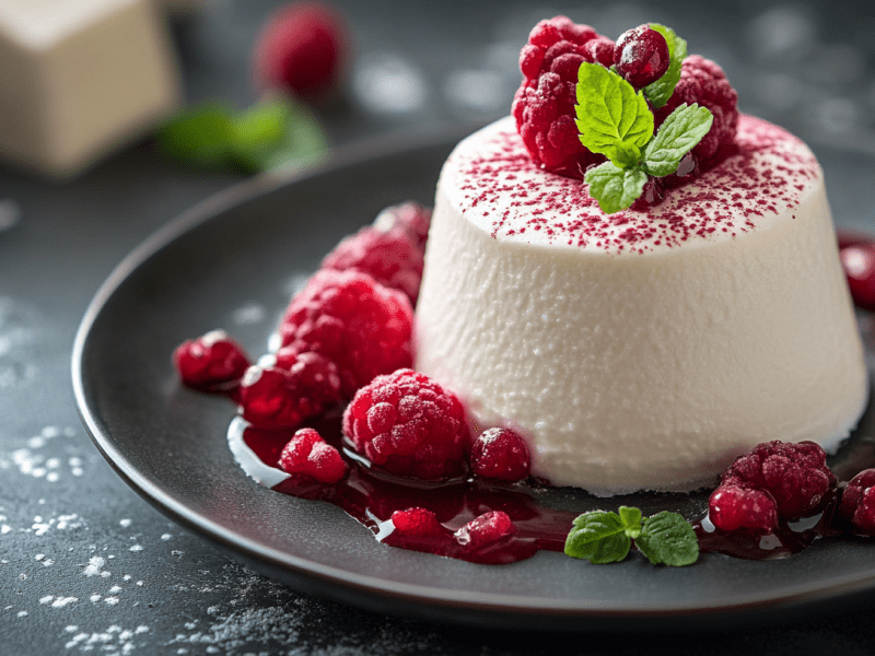 Bayerische Creme auf einem schwarzen Teller, bestreue mit Fruchtpulver und serviert mit frischen Beeren.