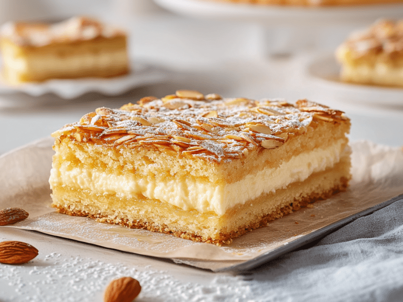 Ein Stück Bienenkuchen vom Blech liegt auf einem kleinen Backblech mit einem Stück Backpapier. Im Vordergrund liegen vier Mandeln. Im Hintergrund sieht man weitere Stücke des Kuchens.