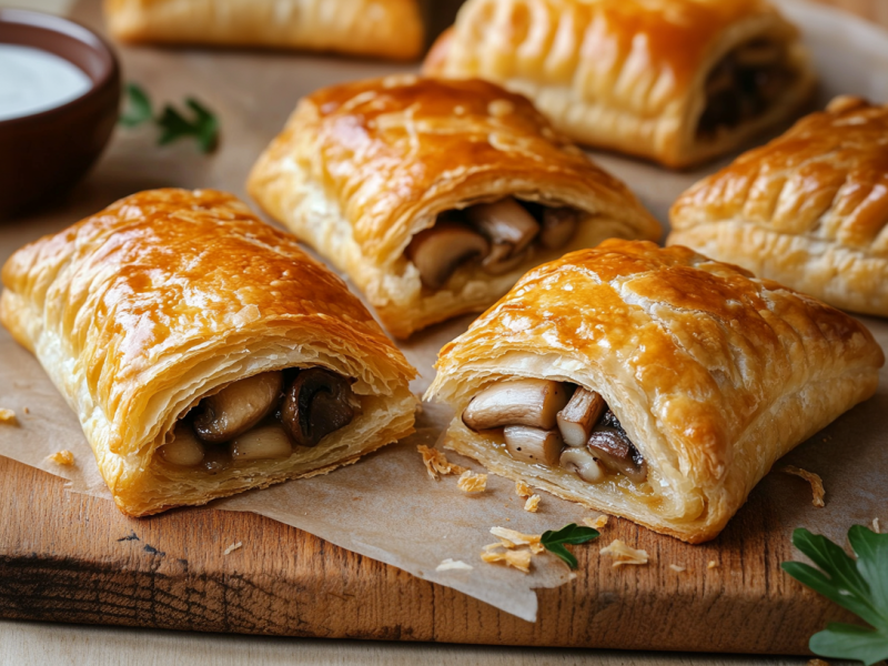 Sechs Blätterteig-Pilztaschen liegen auf einem mit Backpapier ausgeleten Holzbrett. Im Hintergrund sieht man noch eine Schale mit Sour Cream.