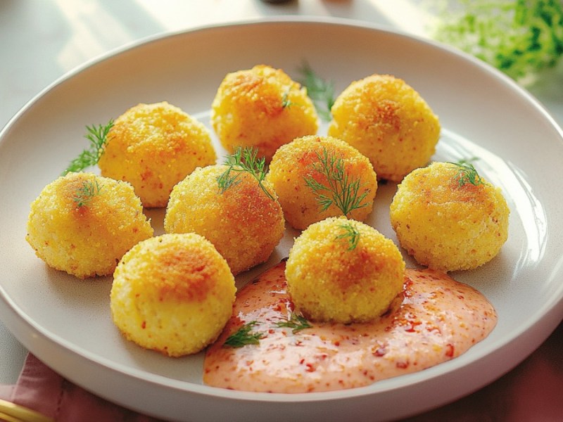 Mehrere Blumenkohl-Polenta-Bällchen mit Chili-Joghurt-Dip auf einem Teller.