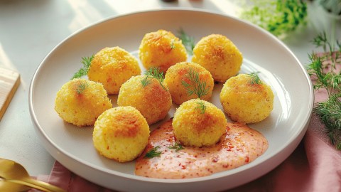 Mehrere Blumenkohl-Polenta-Bällchen mit Chili-Joghurt-Dip auf einem Teller.