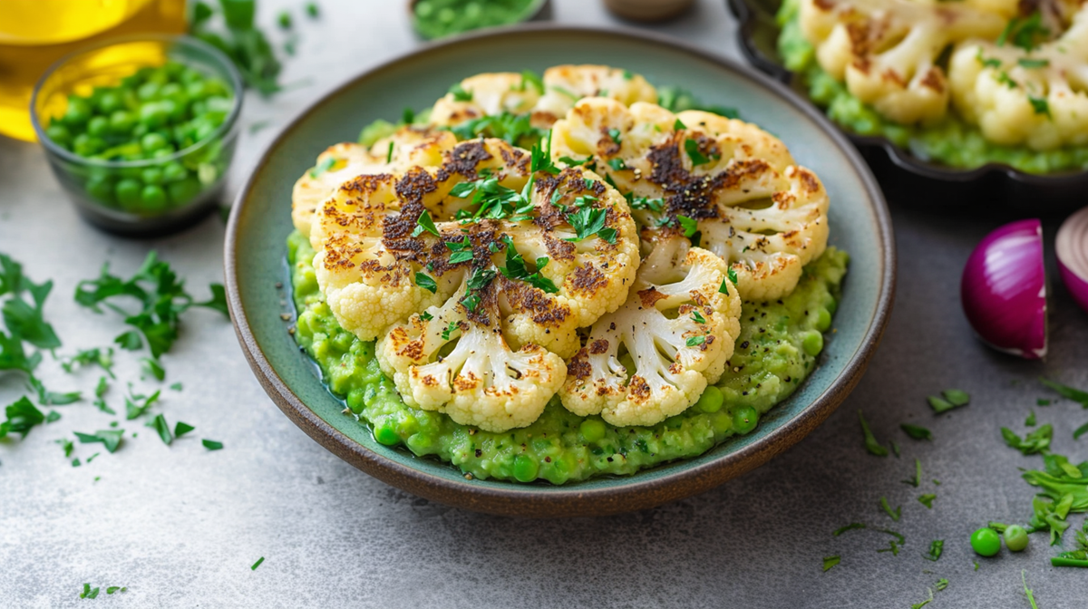 Ein Teller mit einer großen Portion Blumenkohl-Steaks mit Erbsenpüree. Garniert ist das Ganze mit frischen Kräutern. Im Hintergrund ist ein weiterer Teller mit einer Portion des Gerichts zusehen. Außerdem liegt rechts neben dem Teller eine aufgeschnittene rote Zwiebel. Außerdem ist eine kleine Glasschale mit Erbsen, verstreute Kräuter und ein Gefäß mit Öl zu sehen.