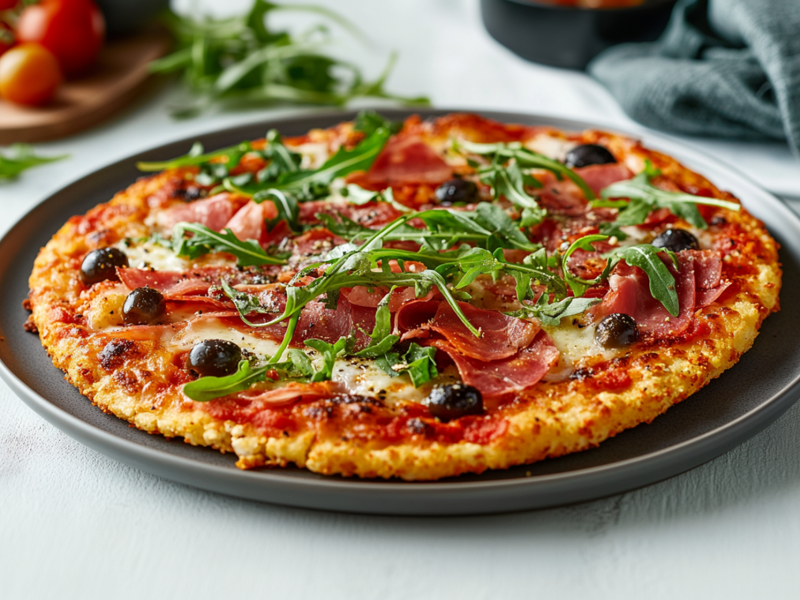 Ein dunkelgrauer Teller mit einer Blumenkohlpizza mit Serrano-Schinken und Rucola, die außerdem mit Oliven belegt ist. Der Teller steht auf einer hellen Arbeitsfläche. Im Hintergrund ist ein Küchenhandtuch zu sehen. Außerdem liegt ein Brett herum, auf dem Tomaten liegen. Daneben liegt ein Messer und etwas Rucola.