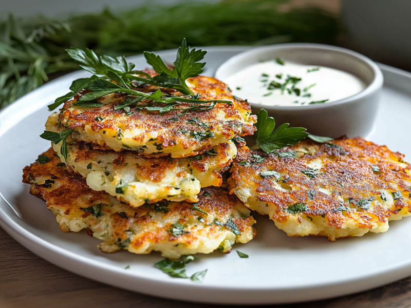 Ein Teller mit einem Stapel Blumenkohlpuffer, die frische Kräuter enthalten. Auf dem Teller liegt auch noch ein einzelner Blumenkohlpuffer und es steht eine kleine Schale mit Joghurt-Dip dabei. Der Teller steht auf einem Holzuntergrund. Im Hintergrund sind Bündel frischer Kräuter zu sehen.