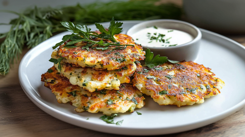 Ein Teller mit einem Stapel Blumenkohlpuffer, die frische Kräuter enthalten. Auf dem Teller liegt auch noch ein einzelner Blumenkohlpuffer und es steht eine kleine Schale mit Joghurt-Dip dabei. Der Teller steht auf einem Holzuntergrund. Im Hintergrund sind Bündel frischer Kräuter zu sehen.