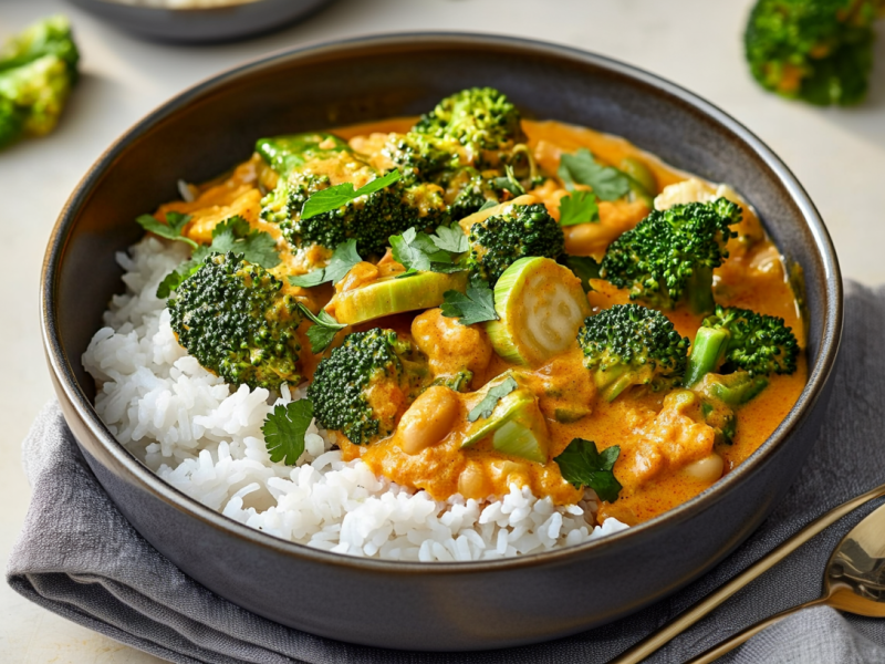 Eine schwarze Schale mit Brokkoli-Lauch-Curry steht auf einem grauen Tuch auf einem hellen Untergrund. Rechts neben der Schale liegen zwei Löffel. Im Hintergrund sieht man noch einige Brokkoliröschen liegen.
