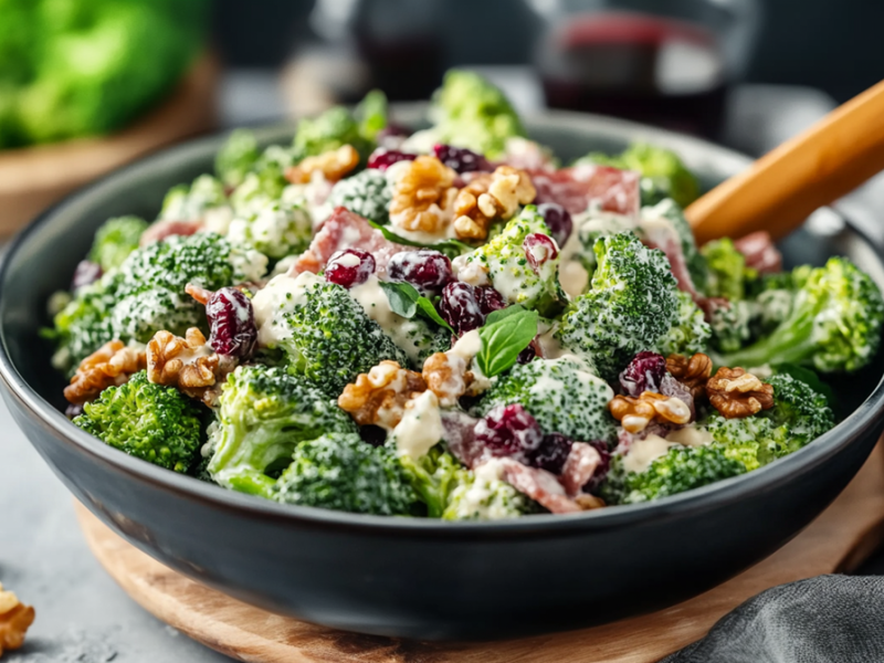 Eine große Schüssel mit Brokkoli-Salat mit Bacon und Cranberrys. Der Salat enthält zudem Walnüsse und ein cremiges Joghurt-Dressing. Die Schüssel steht auf einem runden Holzbrett. Rechts neben der Schüssel liegt ein Küchenhandtuch. Rechts liegen einzelne Walnüsse und Cranberrys. Im Hintergrund ist eine Holzschale mit frischem Brokkoli und andere gefüllte Gefäße zu erkennen.
