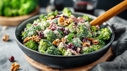 Eine große Schüssel mit Brokkoli-Salat mit Bacon und Cranberrys. Der Salat enthält zudem Walnüsse und ein cremiges Joghurt-Dressing. Die Schüssel steht auf einem runden Holzbrett. Rechts neben der Schüssel liegt ein Küchenhandtuch. Rechts liegen einzelne Walnüsse und Cranberrys. Im Hintergrund ist eine Holzschale mit frischem Brokkoli und andere gefüllte Gefäße zu erkennen.