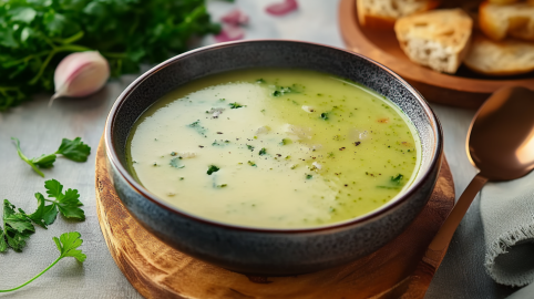 Eine Schüssel mit Brokkolisuppe steht auf einem Holzuntersetzer. Rechts daneben liegt ein Löffel. Links im Bild liegen einige frische Kräuter sowie eine Knoblauchzehe. Im Hintergrund sieht man gehackte Zwiebeln sowie eine Stücke Brot.
