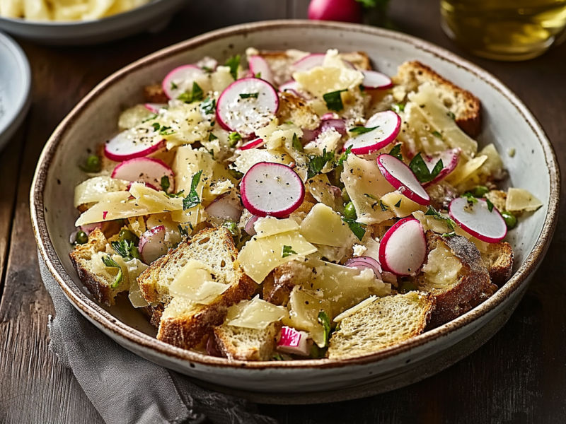 Eine Schüssel Brotsalat mit Radieschen und Käse mit KÄse.