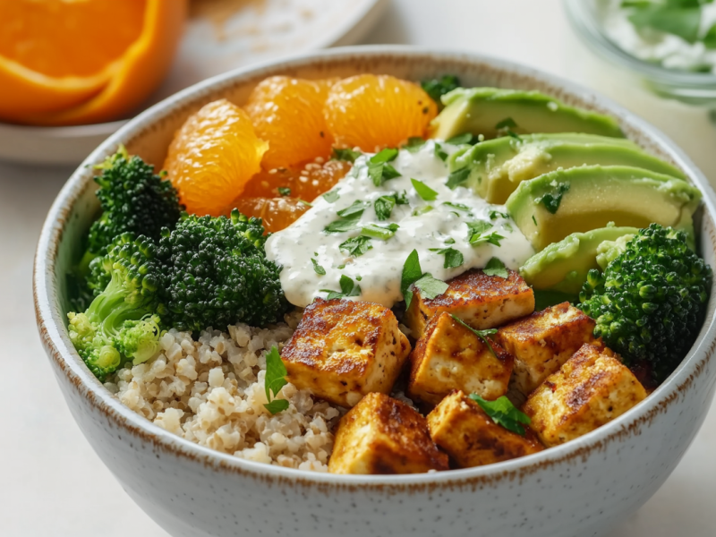 Eine Bulgur Tofu Bowl auf einem weißen Tisch. Im Hintergrund sieht man noch eine geschnitten orange und rechts daneben ein Glas mit weiterem Dressing.