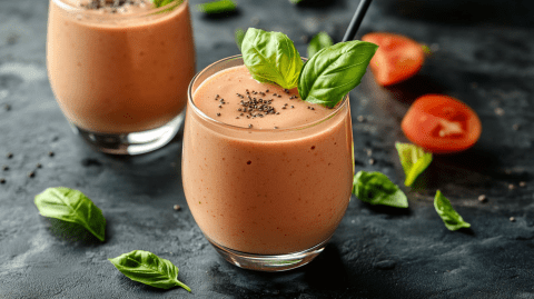Ein Glas mit Buttermilch-Tomaten-Smoothie. Der Smoothie ist mit ein paar Chiasamen und etwas frischem Basilikum garniert. Im Hintergrund ist ein weiteres Glas mit Buttermilch-Tomaten-Smoothie zu sehen. Außerdem liegt eine einzelne Tomate und ein Tomatenstück herum sowie einige einzelne Basilikumblätter.
