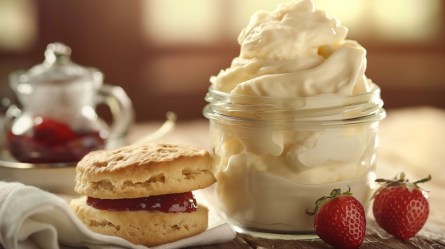 Glas mit Clotted Cream, Erdbeeren und Scones
