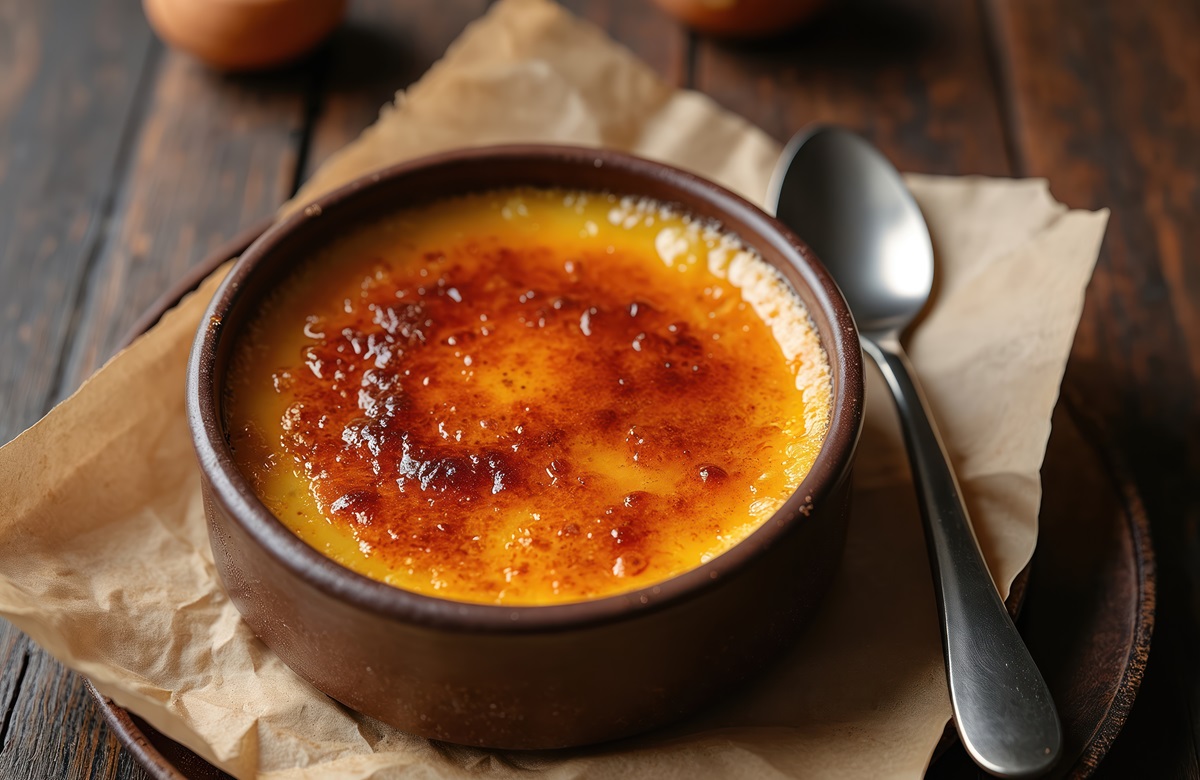 Eine Schale Crème Brûlée mit karamellisierter Oberfläche.