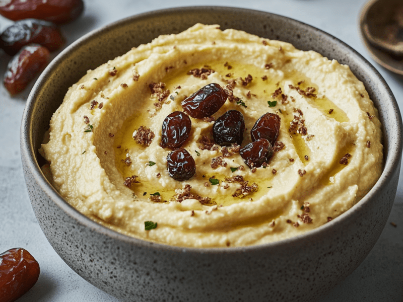 Dattel-Frischkäse-Dip in einer grauen Schüssel. Oben drauf sind einige Dattelstücke.