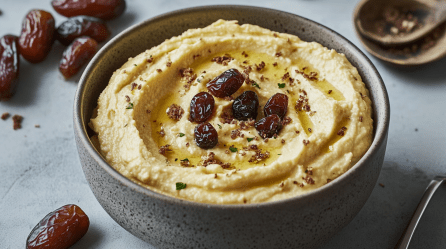 Dattel-Frischkäse-Dip in einer grauen Schüssel. Oben drauf sind einige Dattelstücke.