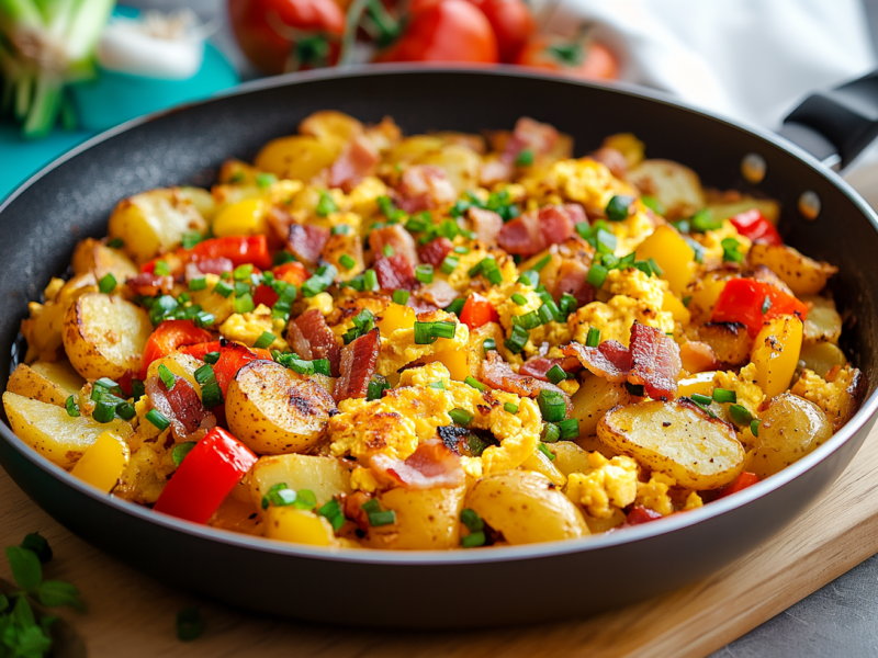 Eine Bauernpfanne mit Kartoffeln, Paprika, Frühlingszwiebeln, Ei und Speck auf einem Holzbrett. Im Hintergrund sieht man frische Paprika und Frühlingszwiebeln liegen.