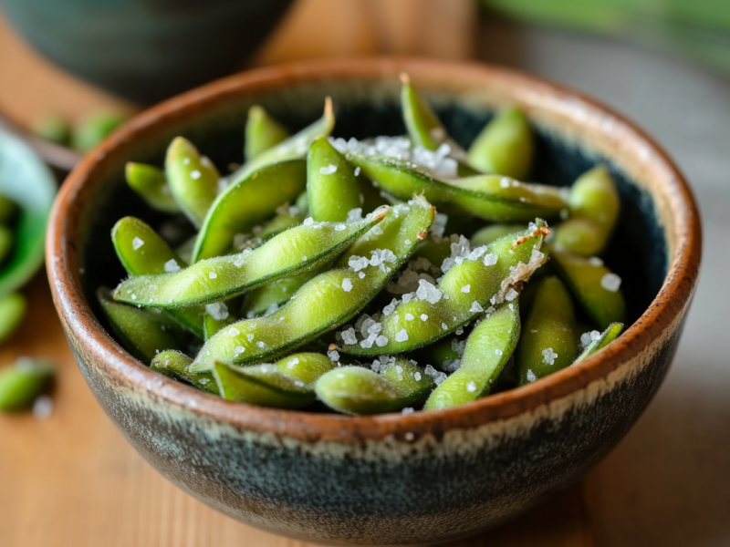 Eine Schüssel Edamame mit Meersalz steht auf einem Holzbrett. Im Hintergrund sieht man einige bereits geschälte Bohnen.