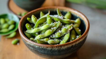 Eine Schüssel Edamame mit Meersalz steht auf einem Holzbrett. Im Hintergrund sieht man einige bereits geschälte Bohnen.