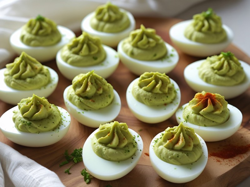 Ein Holzbrett mit Eiern mit Avocado-Füllung