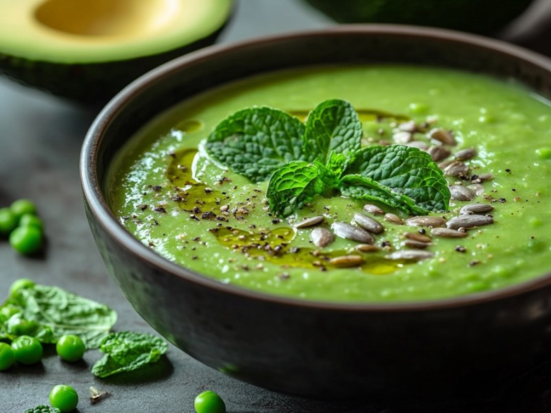 Schale mit Erbsen-Avocado-Suppe