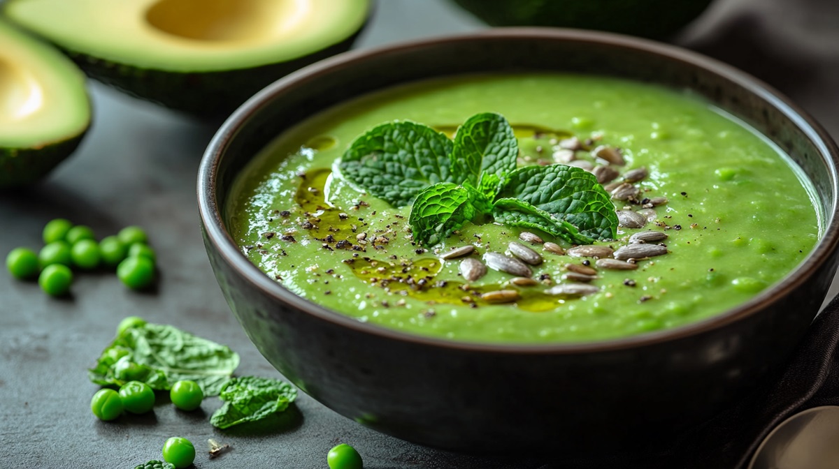 Schale mit Erbsen-Avocado-Suppe