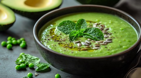 Schale mit Erbsen-Avocado-Suppe