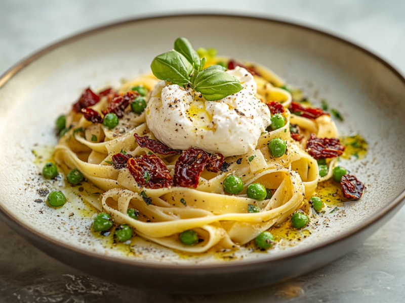 Ein Teller mit einer Portion Erbsen-Burrata-Pasta mit getrockneten Tomaten. Die Pasta ist mit dem Burrata getoppt und mit etwas Olivenöl beträufelt und mit frischem Basilikum garniert.