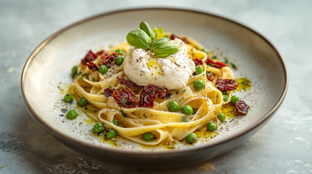 Ein Teller mit einer Portion Erbsen-Burrata-Pasta mit getrockneten Tomaten. Die Pasta ist mit dem Burrata getoppt und mit etwas Olivenöl beträufelt und mit frischem Basilikum garniert.