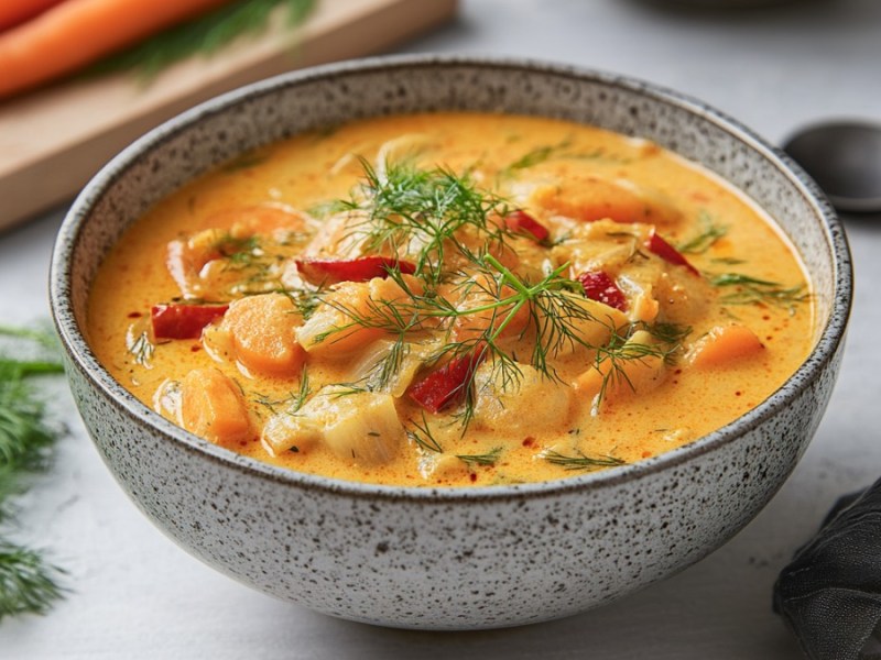 Eine Schüssel Fenchel-Curry. Drumherum liegen frische Zutaten.