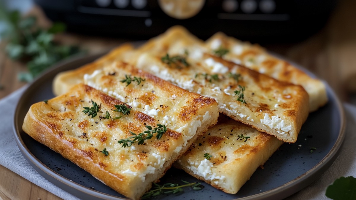 Übereinander gestapeltes Feta-Brot aus dem Airfryer auf einem Teller.