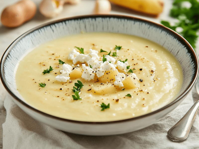 Eine Schüssel Feta-Kartoffel-Suppe, garniert mit Feta und Petersilie.