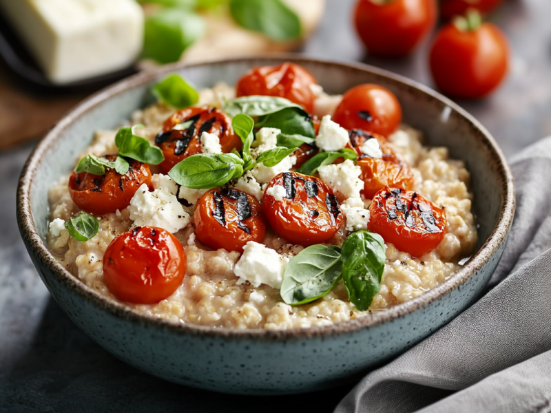 Eine Schüssel mit Feta Porridge steht auf einer grauen Arbeitsfläche. Es ist mit Feta, Tomaten und Basilikum zubereitet. Im Hintergrund sieht man von links nach rechts Feta, Basilikum und Tomaten. Im Vordergrund liegt ein graues Küchentuch.
