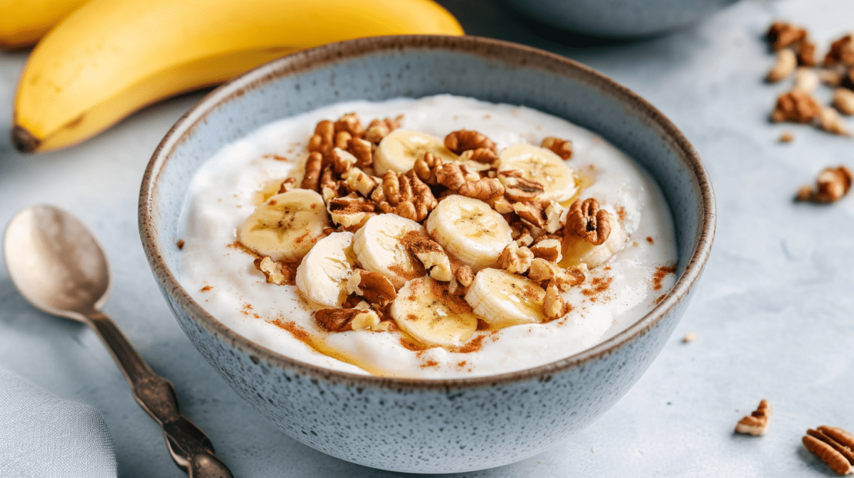 Eine Schale Frühstücks-Skyr mit Nüssen und Honig. Zusätzlich sind ein paar Bananenscheiben in der Schale verteilt. Im Hintergrund liegen zwei Bananen. Links neben der Schale ein Löffel. Rechts ein paar gehackte Nüsse.