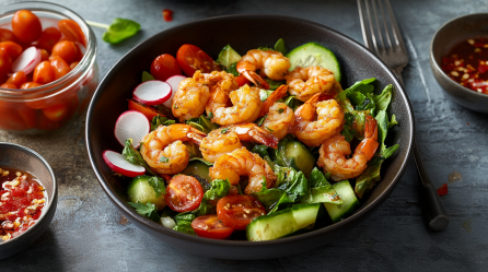 Eine Schüssel mit Garnelen-Mangoldsalat auf einem grauen Untergrund. Rechts neben dem Salat liegt eine Gabel sowie eine Schale mit Chilisoße. Links im Bild steht ein Glas mit Tomaten sowie ein weiteres Schälchen Chilisoße.