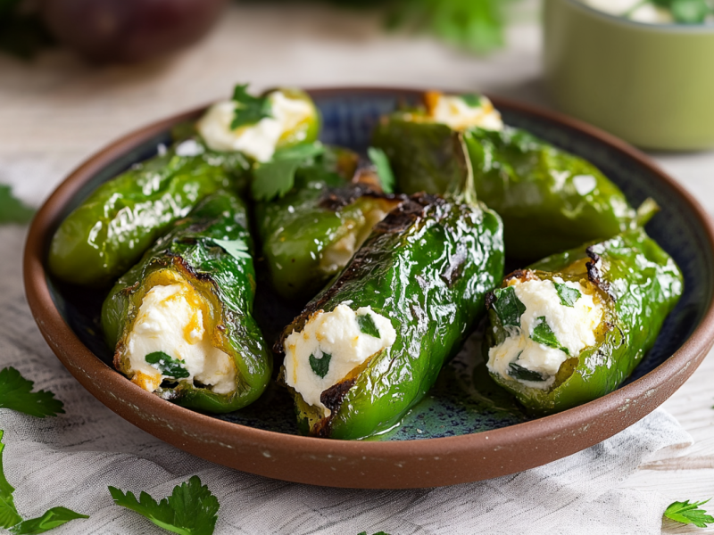Mehrere gefüllte Bratpaprika liegen auf einem Teller. Um sie verteilt liegen frische Kräuter. Rechts und links im Bild sieht man weitere Paprika, im Hintergrund eine Schale mit Frischkäsefüllung.