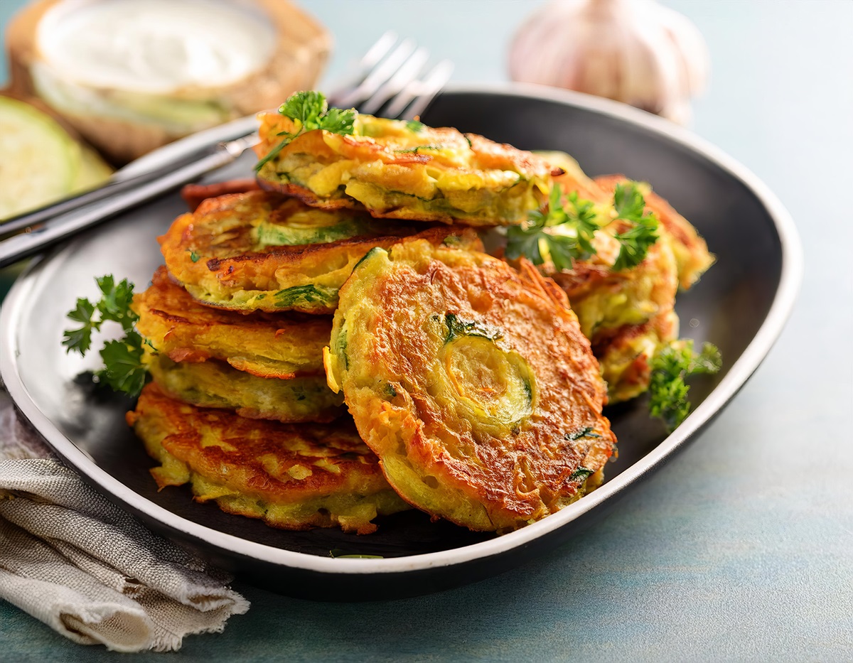 Gemüse-Rösti auf einem dunklen Teller, garniert mit krauser Petersilie.