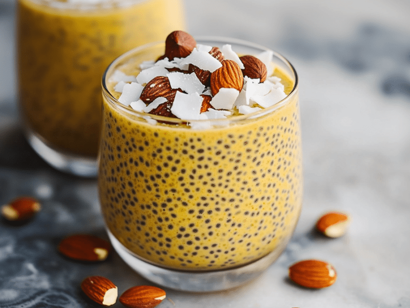 Zwei Gläser mit Golden-Milk-Chia-Pudding, die mit Mandeln und Kokosflocken garniert sind. Um die Gläser herum liegen Mandeln verstreut.