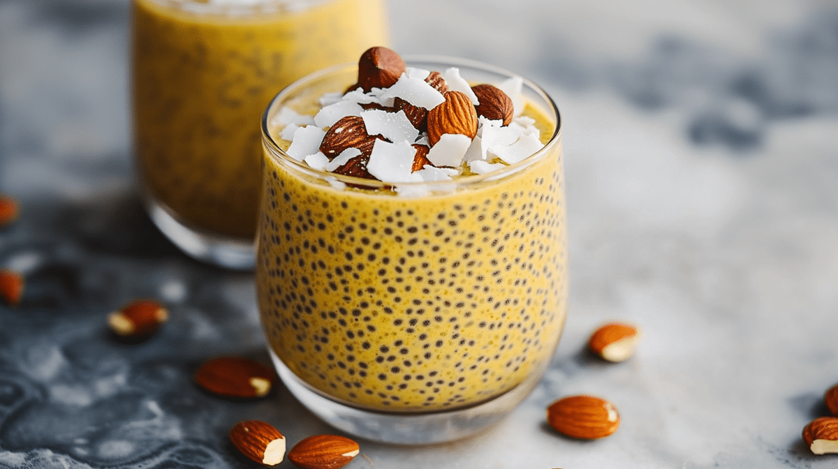 Zwei Gläser mit Golden-Milk-Chia-Pudding, die mit Mandeln und Kokosflocken garniert sind. Um die Gläser herum liegen Mandeln verstreut.