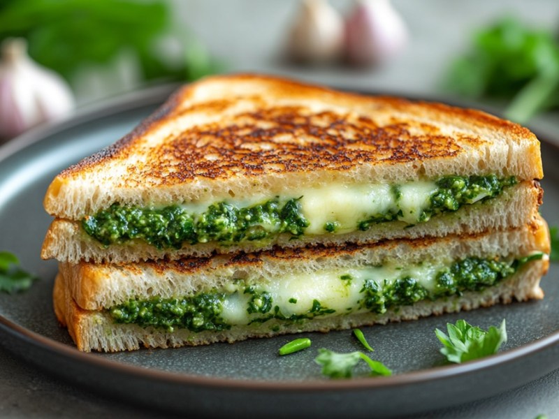 Zwei Grilled Cheese Sandwich mit Bärlauch auf einem Teller