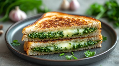 Zwei Grilled Cheese Sandwich mit Bärlauch auf einem Teller