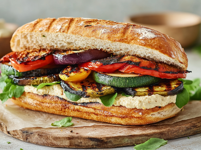 Ein Holzbrett auf dem ein Grillgemüse-Sandwich liegt, das mit Hummus bestrichen und mit etwas Rucola sowie gegrillter Aubergine, Zucchini und Paprika belegt ist. Um das Sandwich liegen vereinzelt Rucolablätter und frische Kräuter. Im Hintergrund ist eine Schale mit Hummus und eine leere Holzschale zu erkennen, genauso wie mehr frische Kräuter.