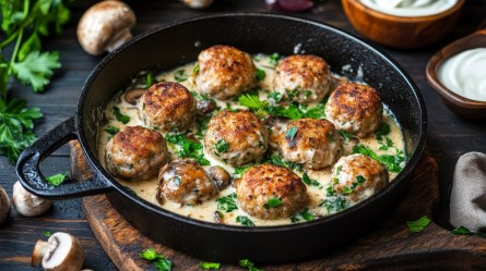 Pfanne mit Hackbällchen in Champignonsoße
