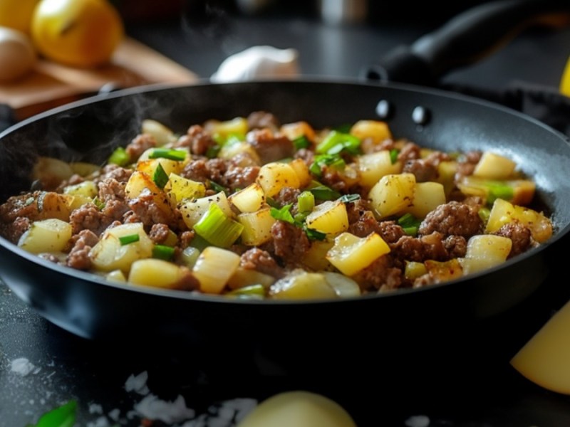 Eine Hackfleisch-Lauch-Pfanne mit Kartoffeln.