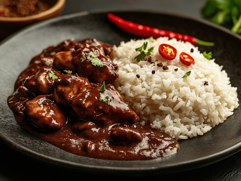 Ein schwarzer Teller mit einer Portion Reis und Hähnchen in Schoko-Chili-Soße, das mit etwas frischem Koriander garniert ist. Auf dem Reis ist mit roten Chiliringen und Pfefferkörnern garniert. Auf dem Teller liegt auch eine rote Chilischote. Im Hintergrund ist etwas frischer Koriander und eine Schale mit Kakao erkennbar.