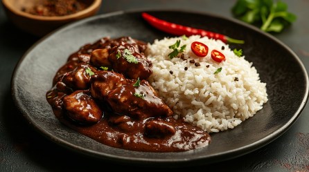 Ein schwarzer Teller mit einer Portion Reis und Hähnchen in Schoko-Chili-Soße, das mit etwas frischem Koriander garniert ist. Auf dem Reis ist mit roten Chiliringen und Pfefferkörnern garniert. Auf dem Teller liegt auch eine rote Chilischote. Im Hintergrund ist etwas frischer Koriander und eine Schale mit Kakao erkennbar.