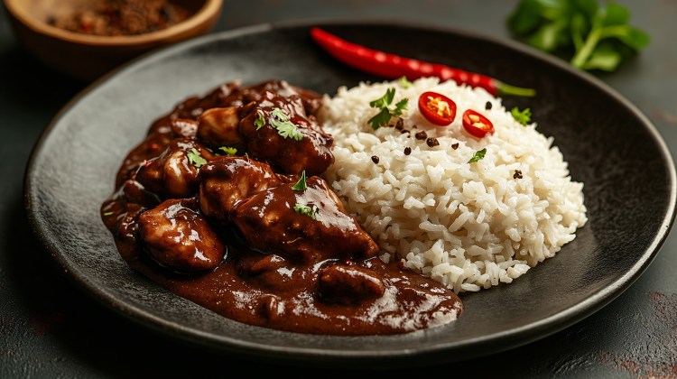 Ein schwarzer Teller mit einer Portion Reis und Hähnchen in Schoko-Chili-Soße, das mit etwas frischem Koriander garniert ist. Auf dem Reis ist mit roten Chiliringen und Pfefferkörnern garniert. Auf dem Teller liegt auch eine rote Chilischote. Im Hintergrund ist etwas frischer Koriander und eine Schale mit Kakao erkennbar.