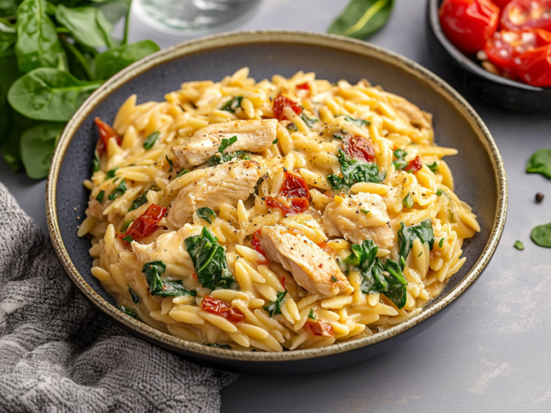 Ein großer Teller mit einer Portion Hähnchen-Orzo-Pfanne, die Spinat, frische und getrocknete Tomaten sowie Parmesan enthält und mit frischem Pfeffer garniert ist. Neben dem Teller liegt ein Küchenhandtuch. Außerdem liegt frischer Babyspinat herum und es ist eine Schale mit geschmorten Tomaten zu sehen.